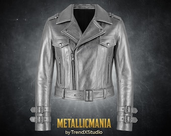 Silver Metallic Leather Jacket – Vintage Biker Style – Sleek Fit for Men & Women