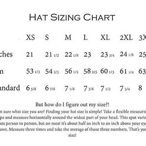 May include: A hat sizing chart with measurements in inches, centimeters, and standard sizes. The chart includes sizes XS to 3XL, with corresponding measurements ranging from 21 inches to 25 inches (53 1/3 cm to 63 1/2 cm). Instructions on how to measure head size are also included.