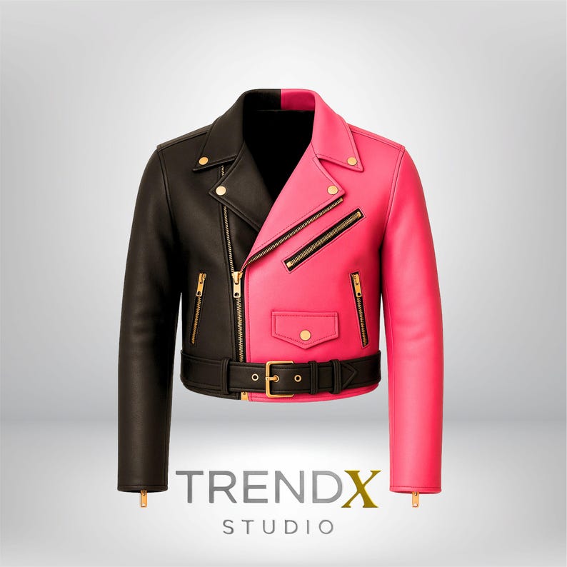 Black and hot pink handmade leather moto jacket with gold hardware, centered light glow grey background | TrendX Studio