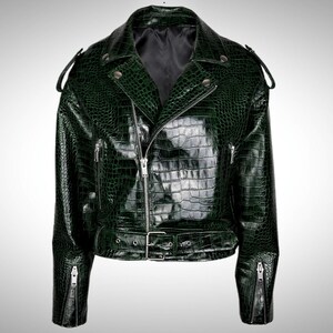 May include: A dark green faux crocodile leather motorcycle jacket with a zipper closure, a belt at the waist, and zippered pockets on the sleeves.