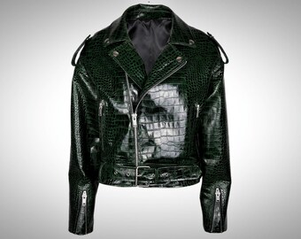 即完品　BELVET Croc-Embossed Leather Jacket Men's Real Leather Crocodile Embossed Biker Jacket: Black