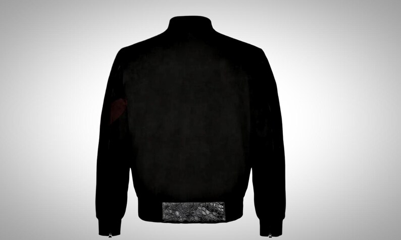 May include: A black bomber jacket with a zip fastening and a ribbed collar.