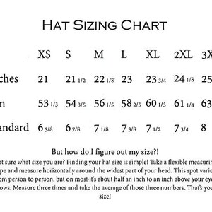 May include: Hat sizing chart with measurements in inches, centimeters, and standard sizes. The chart shows sizes from XS to 3XL.