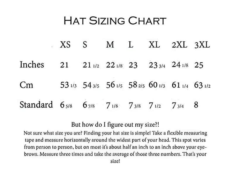 May include: Hat sizing chart with measurements in inches, centimeters, and standard sizes. The chart shows sizes from XS to 3XL.
