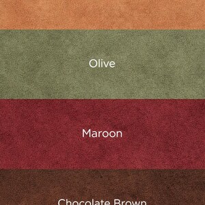 May include: A colour palette showing four fabric swatches in tan, olive, maroon, and chocolate brown. Each swatch has a textured appearance, with the colour name displayed in white text above each respective colour.
