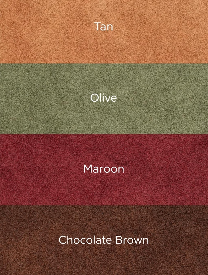 May include: A colour palette showing four fabric swatches in tan, olive, maroon, and chocolate brown. Each swatch has a textured appearance, with the colour name displayed in white text above each respective colour.