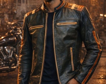 Men’s Vintage Biker Leather Jacket – Retro Motorcycle Café Racer Style – Handmade Distressed Moto Jacket!