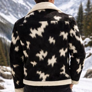 Black Cowhide Ranch Coat – Real Hair-On Cow Print Shearling Trim, Western Rodeo Outerwear image 2