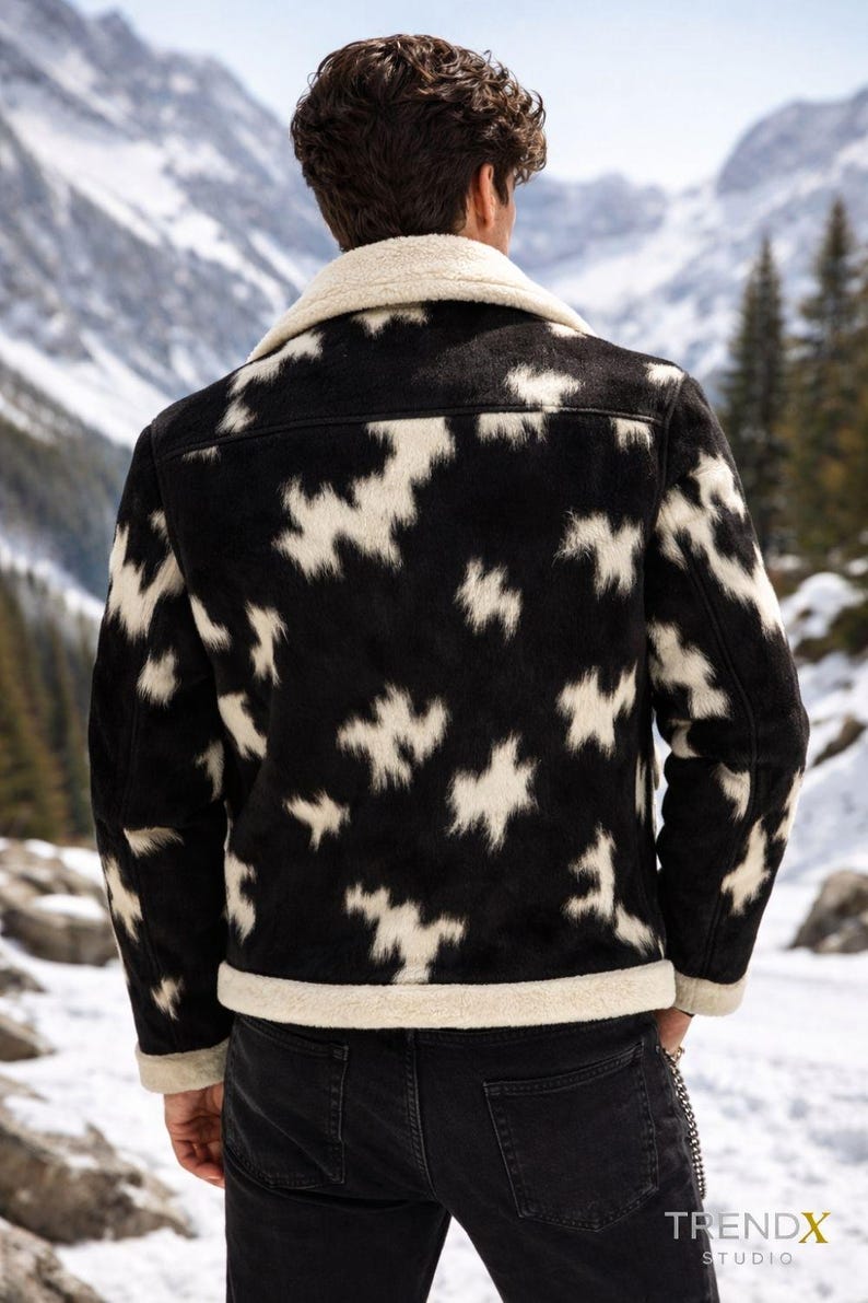 Black Cowhide Ranch Coat – Real Hair-On Cow Print Shearling Trim, Western Rodeo Outerwear image 2