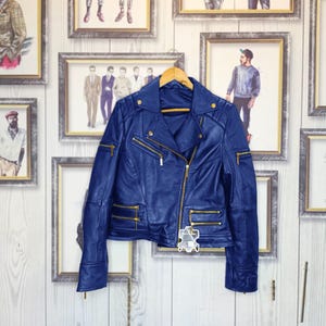 Women’s Cropped Navy blue Biker Leather Jacket – Modern Moto Style with Gold Zippers – Handmade Luxury Motorcycle Coat!