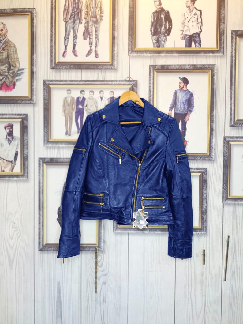 Women’s Cropped Navy blue Biker Leather Jacket – Modern Moto Style with Gold Zippers – Handmade Luxury Motorcycle Coat!