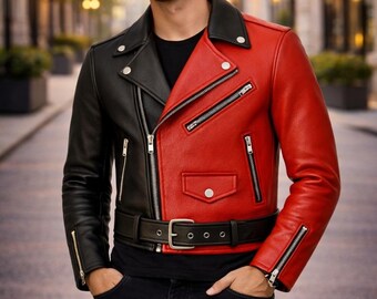 Red and Black Leather Jacket – Silver Hardware – Power Moto Biker Design |  Unisex Leather Outerwear
