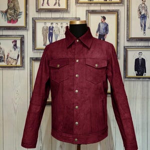 Men’s Burgundy Leather Trucker Jacket: Handmade Vintage Style