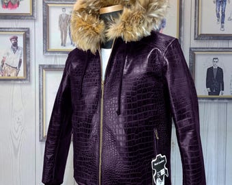 Men's Hooded Blue Croc Leather Jacket – Luxurious Winter Bomber