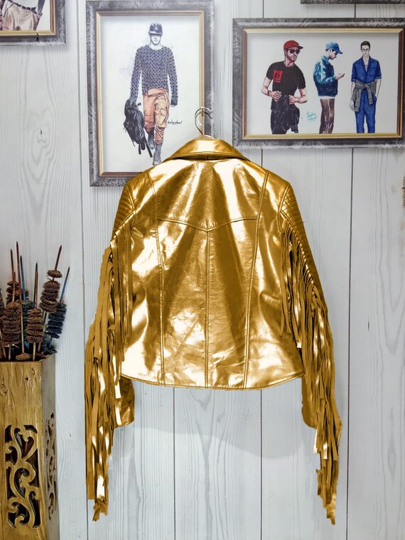 Womens Metallic Gold Fringe Jacket – Real Leather Shiny Biker Coat