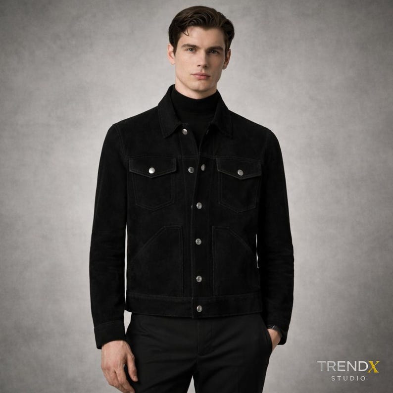 May include: A black suede jacket with a classic collar, two chest pockets, and two lower pockets. The jacket has silver buttons and is worn over a black turtleneck. The model is wearing black trousers. The image has the text "TRENDX STUDIO".