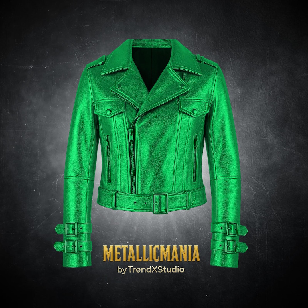 Green Metallic Leather Biker Jacket: Vintage Motorcycle Style - Etsy
