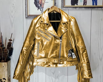 Womens Metallic Gold Fringe Jacket – Real Leather Shiny Biker Coat –  Quilted Arms Belted Waist