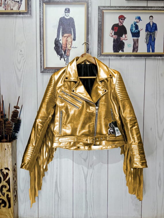 Womens Metallic Gold Fringe Jacket – Real Leather Shiny Biker Coat