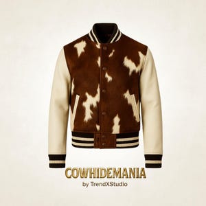 Op de afbeelding: Een bruin-witte koeienhuidjas met cr&egrave;mekleurige mouwen. De jas heeft een zwart-witte gestreepte kraag, manchetten en tailleband. De tekst "COWHIDEMANIA by TrendXStudio" staat onderaan.