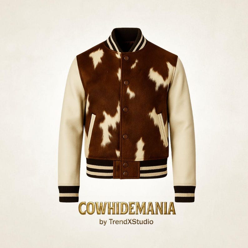 Op de afbeelding: Een bruin-witte koeienhuidjas met cr&egrave;mekleurige mouwen. De jas heeft een zwart-witte gestreepte kraag, manchetten en tailleband. De tekst "COWHIDEMANIA by TrendXStudio" staat onderaan.