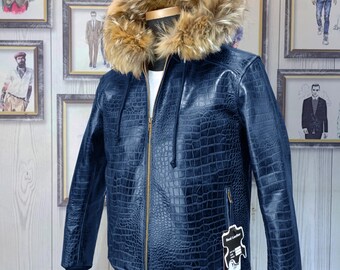 Men's Hooded Blue Croc Leather Jacket – Luxurious Winter Bomber