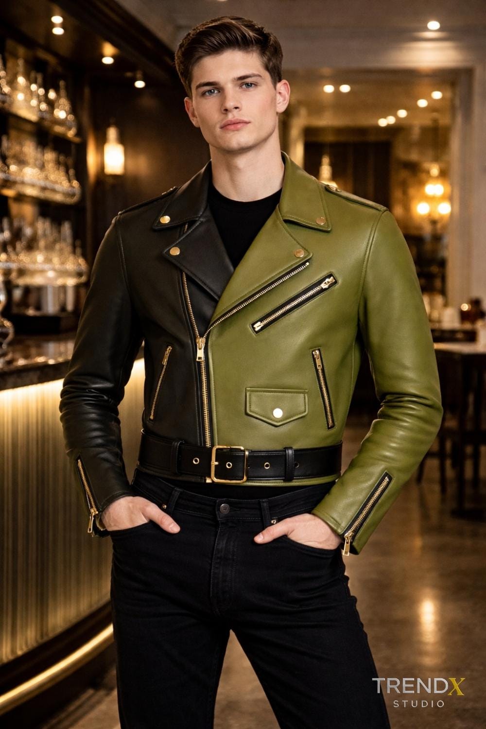 Army Green and Black Leather Jacket – Gold Hardware – Rugged Two