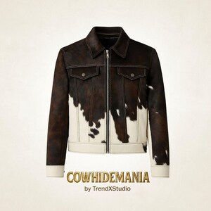 May include: A brown and white cowhide jacket with a zipper closure, two chest pockets, and white stitching. The jacket has a collar and cuffs. The text "COWHIDEMANIA by TrendXstudio" is at the bottom.