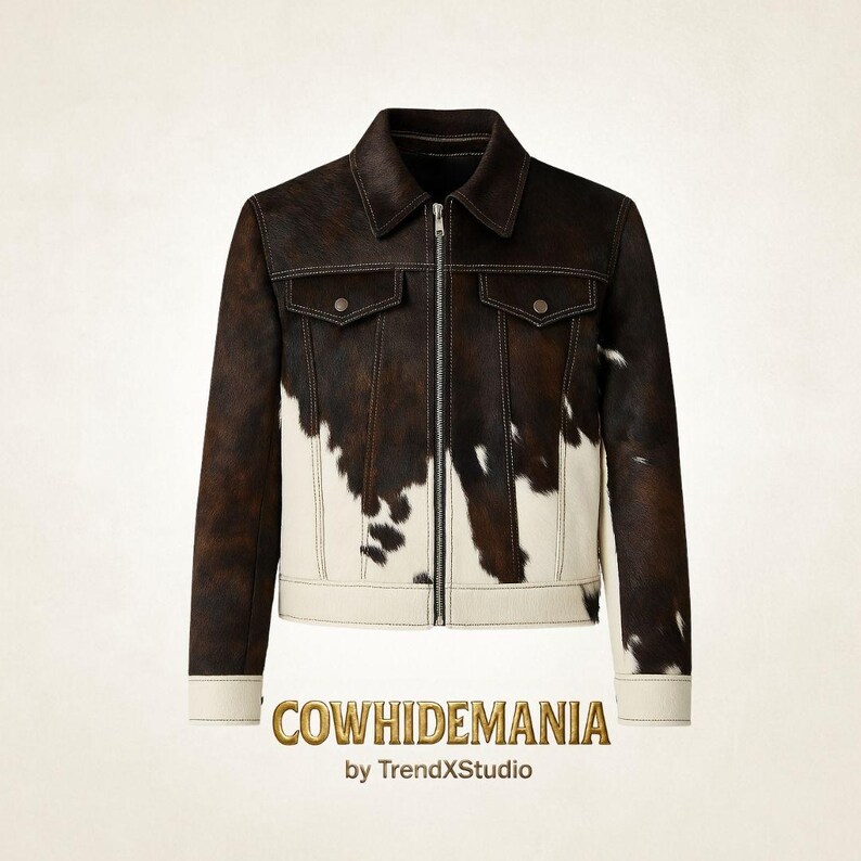 May include: A brown and white cowhide jacket with a zipper closure, two chest pockets, and white stitching. The jacket has a collar and cuffs. The text "COWHIDEMANIA by TrendXstudio" is at the bottom.