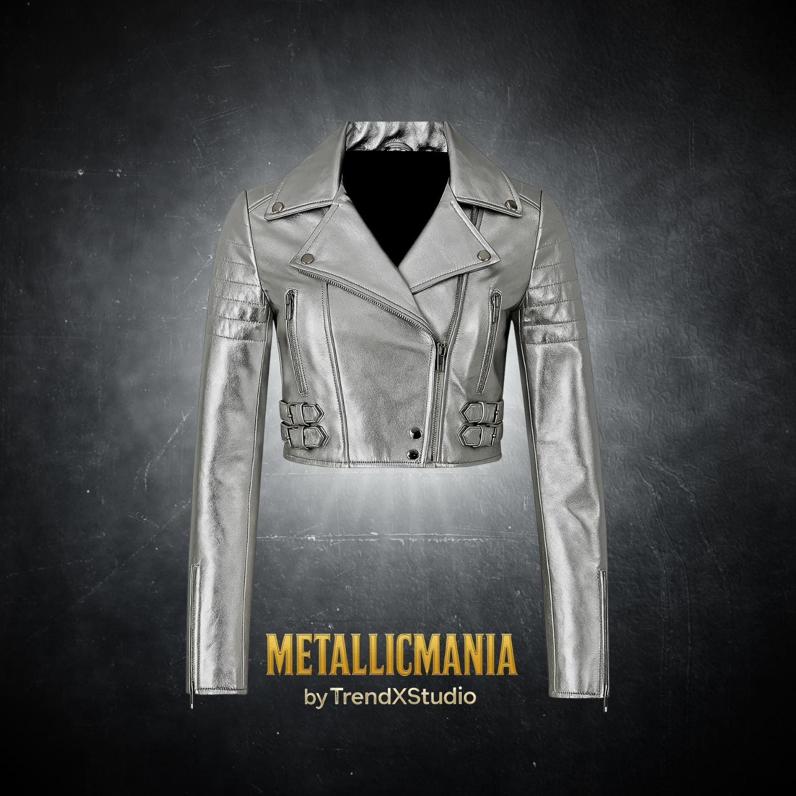 Damen Silber Metallic Cropped Jacke Echtes Leder ausgestattet