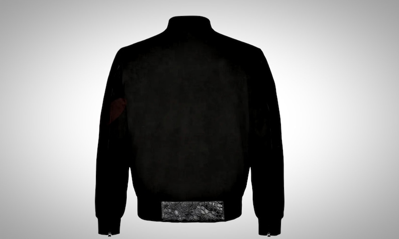 May include: A black bomber jacket with a ribbed collar, cuffs, and waistband. The jacket has a zipper closure and two pockets on the front. The sleeves have a red and black patterned detail.