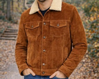Mens Suede Trucker Jacket: Brown Genuine Leather with Fur Collar