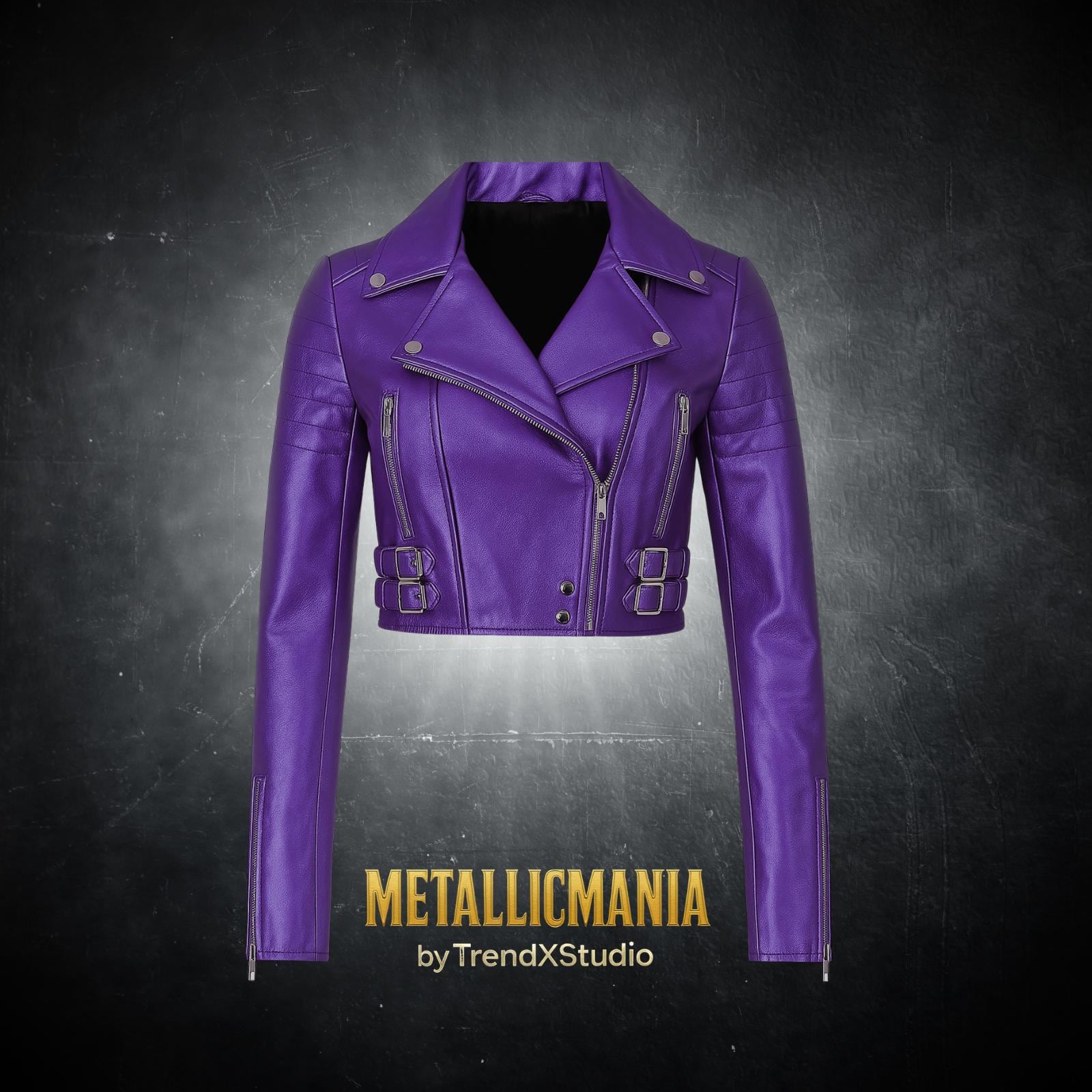 Women's Purple Metallic Cropped Jacket – Chic Leather, Fitted Moto