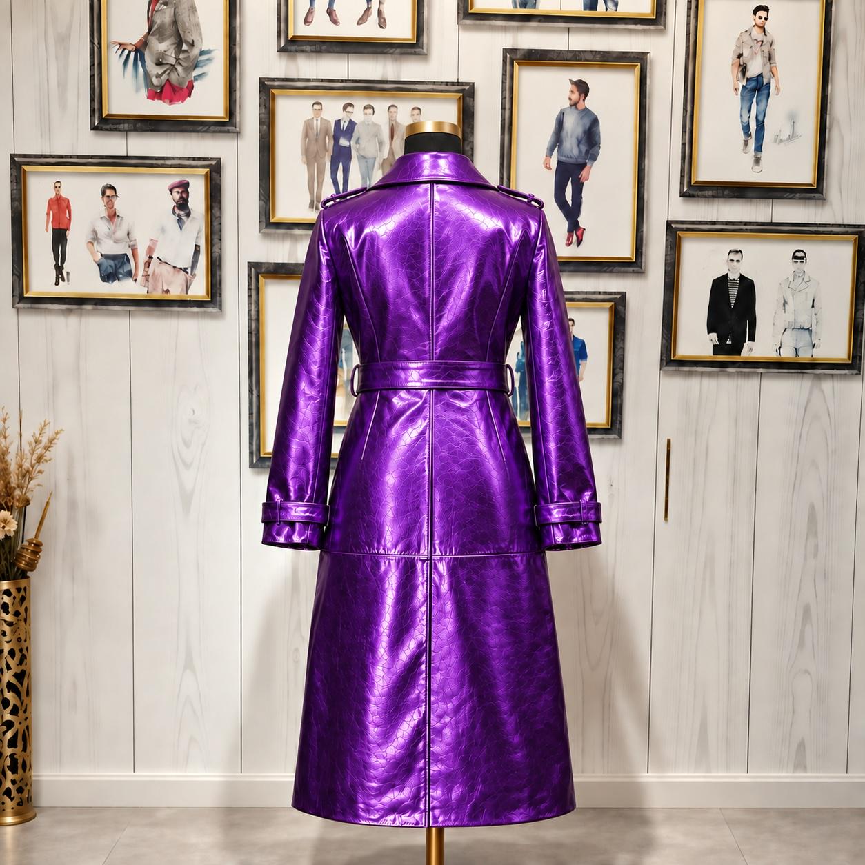 Metallic Purple Leather Trench Coat: Vintage-inspired Double
