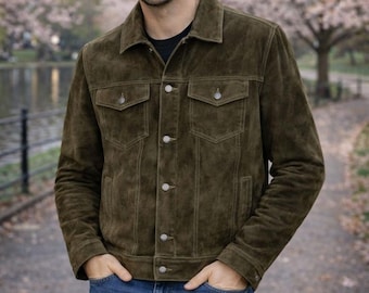Mens Olive Suede Trucker Jacket: Lightweight Calf Leather, Vintage Style