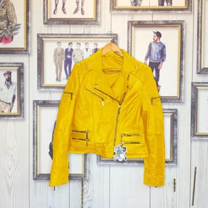 Women’s Cropped Yellow Biker Leather Jacket – Modern Moto Style with Gold Zippers – Handmade Luxury Motorcycle Coat!