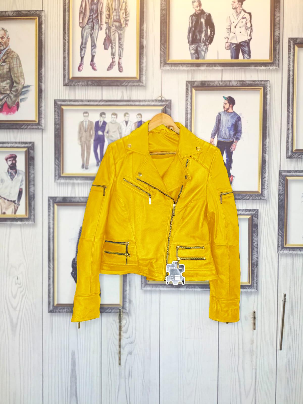 Handmade Yellow Leather Biker Jacket: Cropped Moto With Gold
