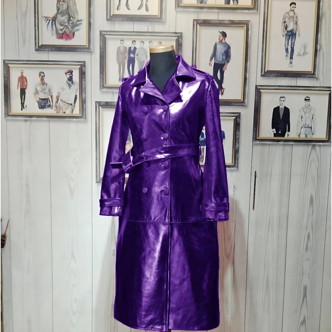 Metallic Purple Leather Trench Coat: Vintage-inspired Double