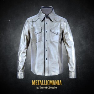 Men's Silver Metallic Leather Shirt: Rockstar Western Button-Up