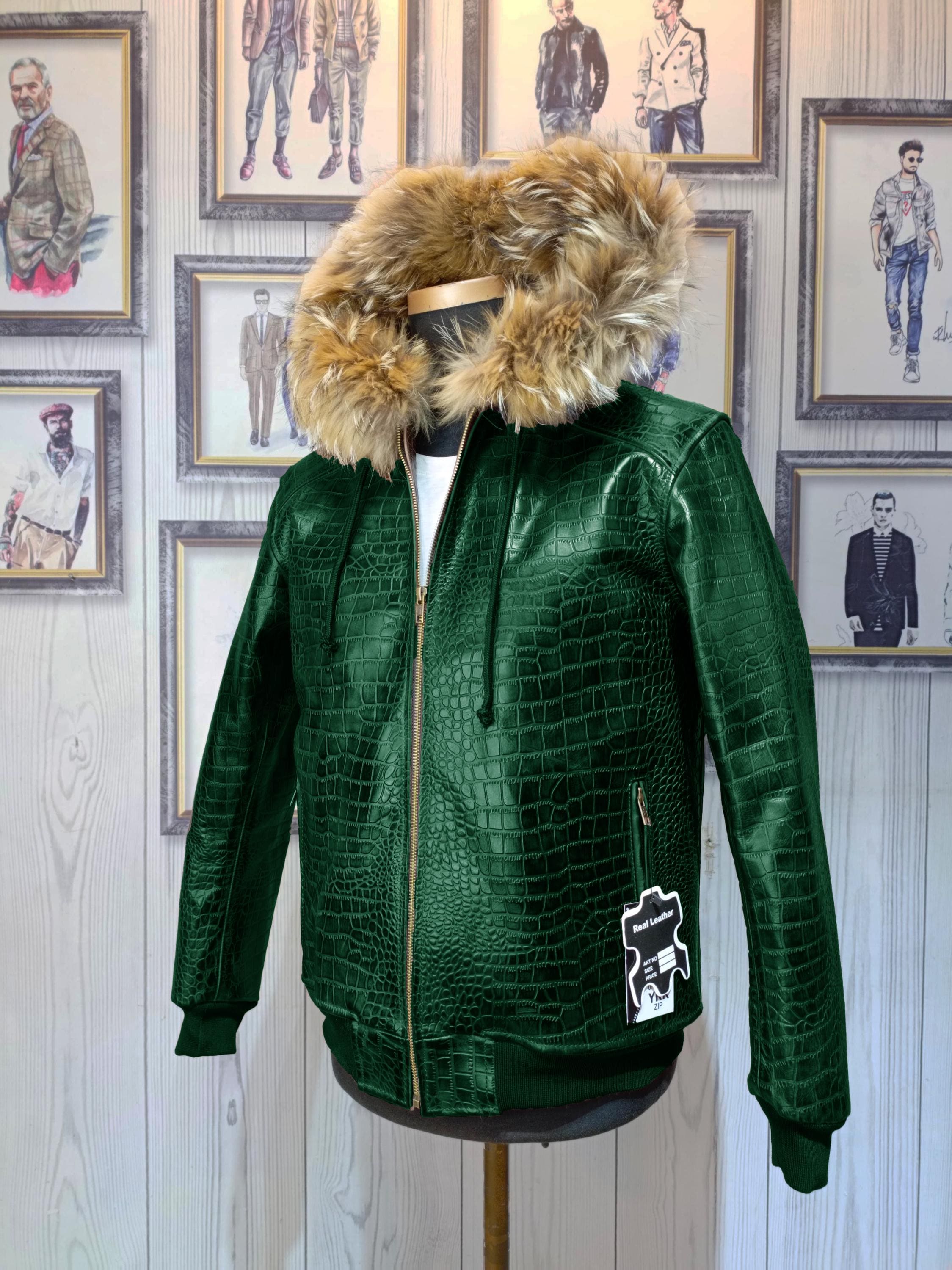 Men's Real Leather Alligator Embossed Bomber Jacket With Fur Hood