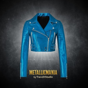 Women’s Blue Metallic Cropped Jacket – Chic Leather, Trendy Fitted Moto Style Outerwear – Bold Biker Fashion Gift for Her – 8 Colors