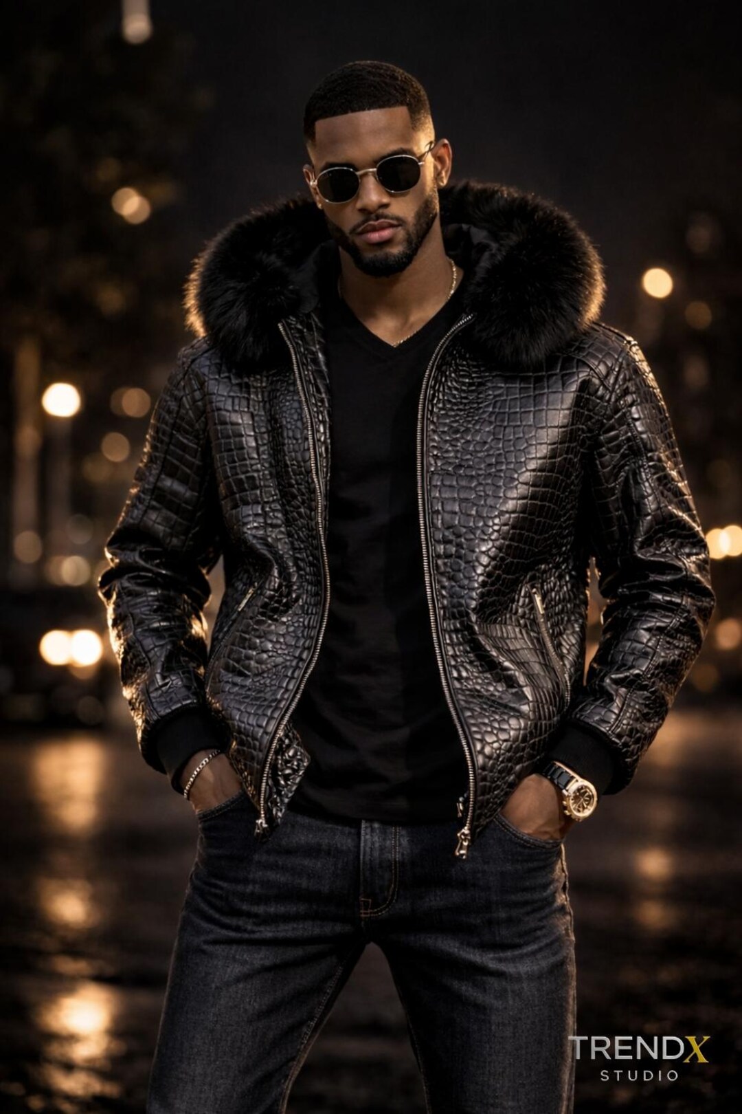 Men's Real Leather Alligator Embossed Bomber Jacket With Fur Hood