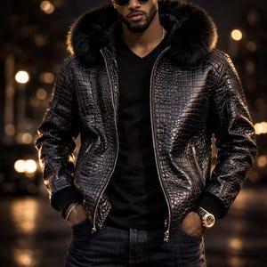 Men's Real Leather Alligator Embossed Bomber Jacket with Fur Hood