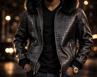 Men's Real Leather Alligator Embossed Bomber Jacket with Fur Hood
