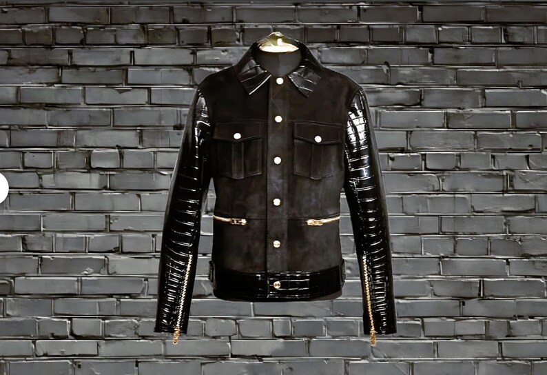 May include: A black leather jacket with gold zips and a suede front panel. The sleeves are made of a shiny, textured material.