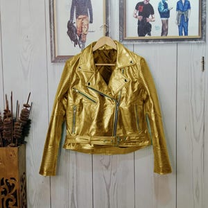 Veste motard dorée pour femme en cuir métallisé - Branches matelassées élégantes et brillantes, veste slim - Vêtements d&#39;extérieur tendance 7 couleurs