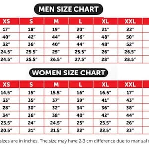 May include: A size chart for men's and women's clothing. The chart shows the measurements in inches for different sizes, including XS, S, M, L, XL, XXL, 3XL, and 4XL. The chart includes measurements for the shoulder, chest, bottom, sleeves, and length.