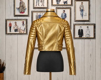 Women's Gold Metallic Cropped Jacket – Chic Fitted Leather Moto