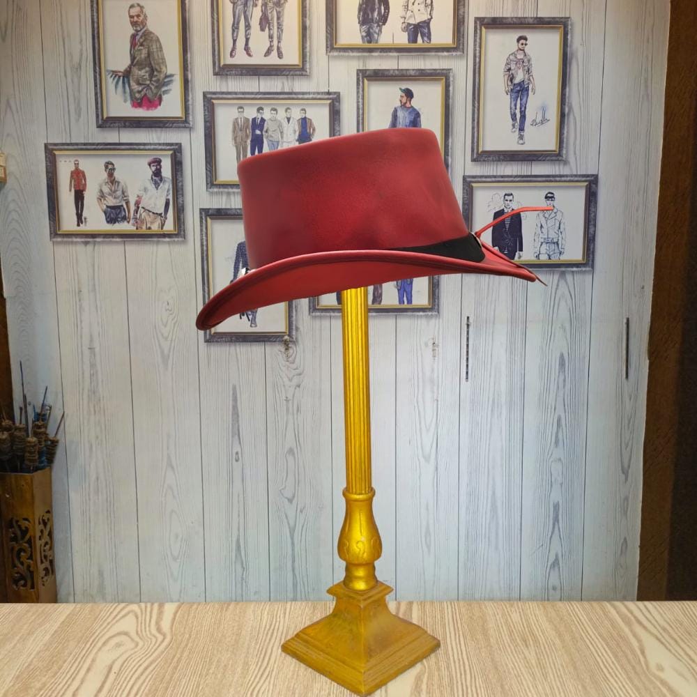Red Leather Top Hat – Skull Chain Handmade Biker Hat – Gothic