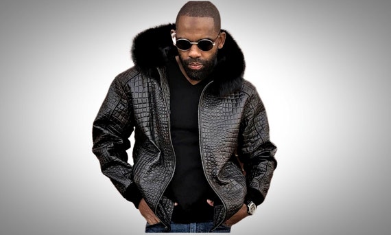 Men's Real Leather Alligator Embossed Bomber Jacket With Fur Hood
